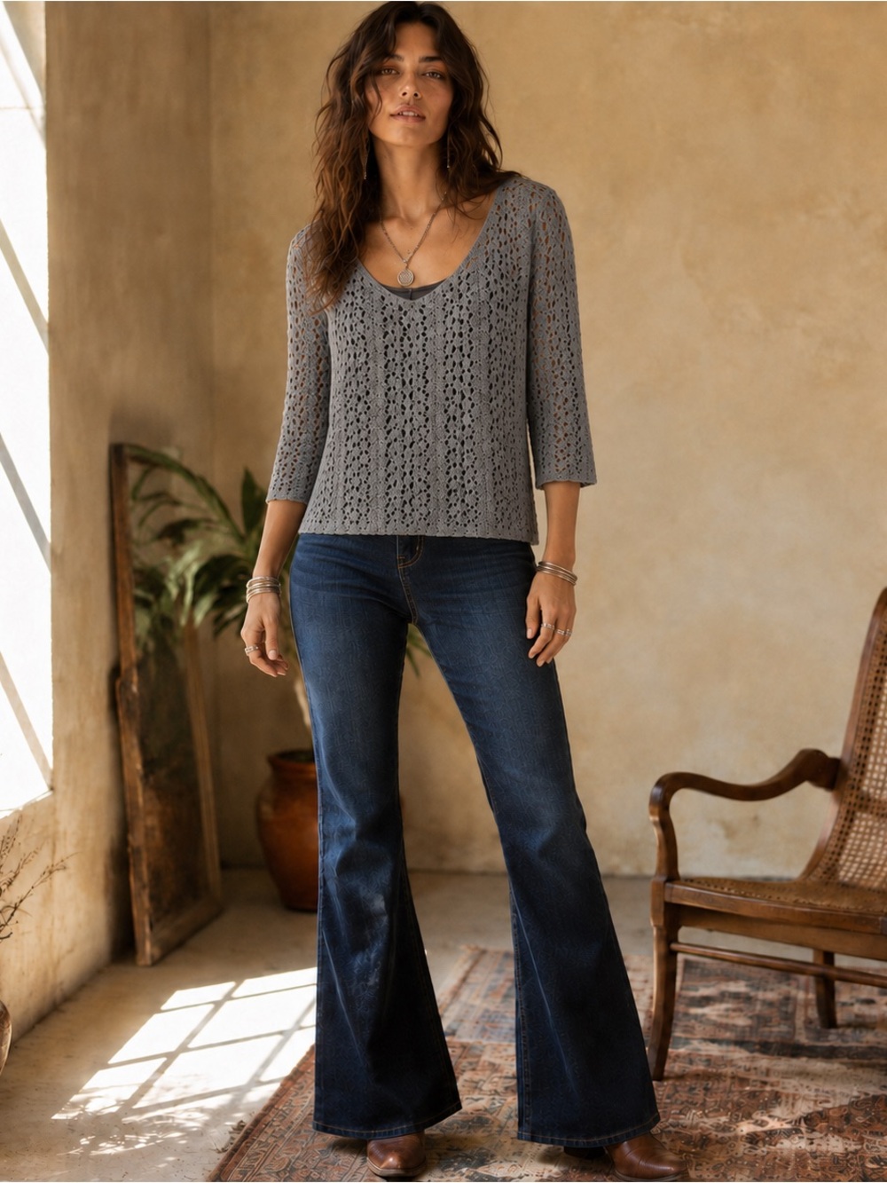 Staring at Stars Gray Crochet Open Knit Boho Top Size Small